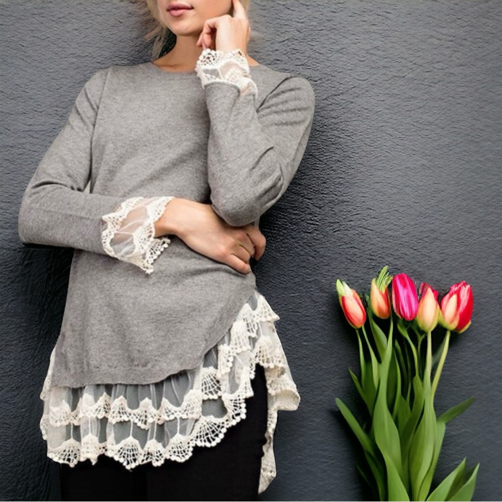 Ivory Lace Detail Gray Sweater LAST ONE!